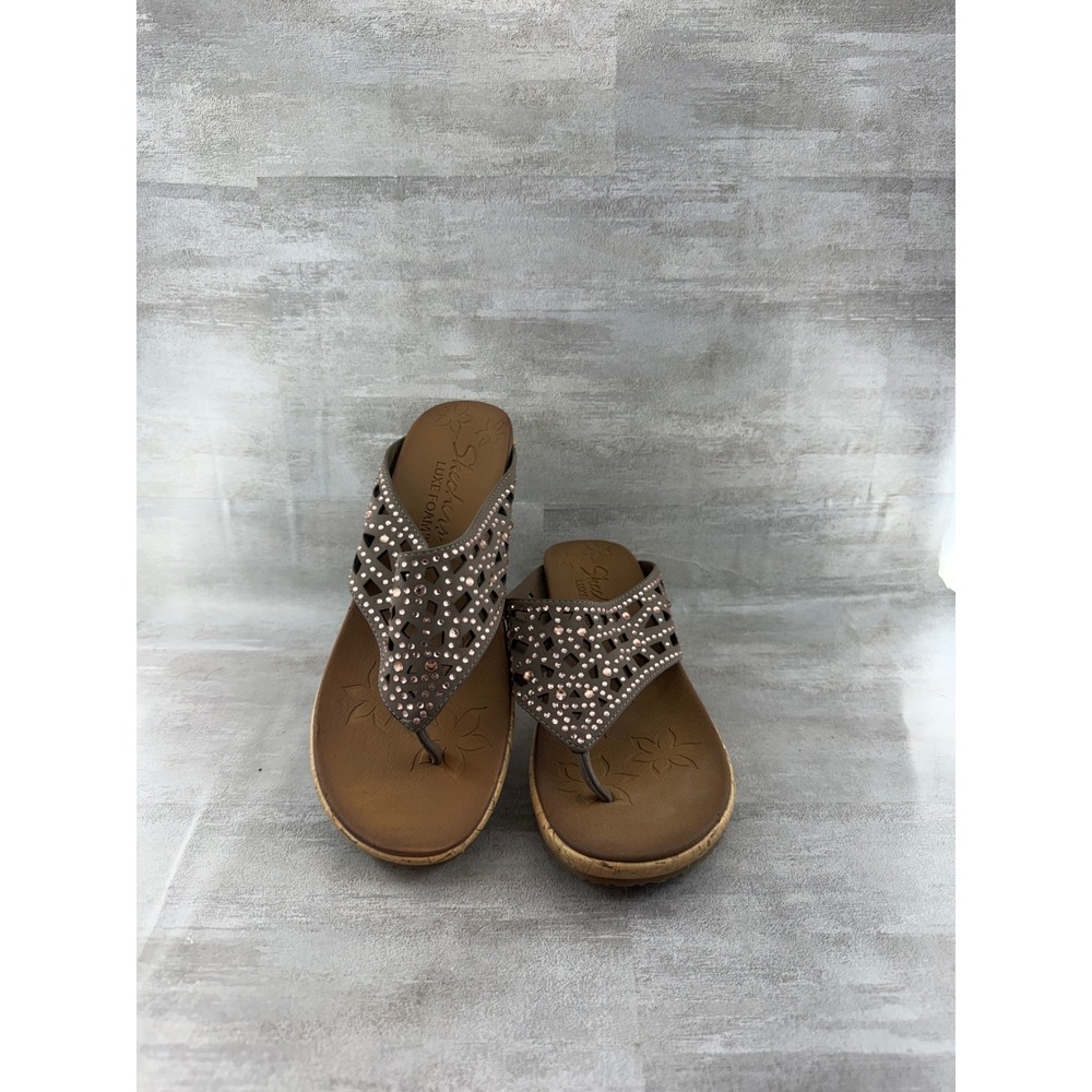 Skechers Luxe Foam Women Brown Rhinestone Laser Cut Cork Wedge Sandals Size 7